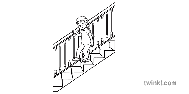 Child Walking Down The Stairs Black And White Rgb Illustration - Twinkl