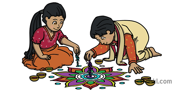 Children Making a Rangoli Illustration - Twinkl