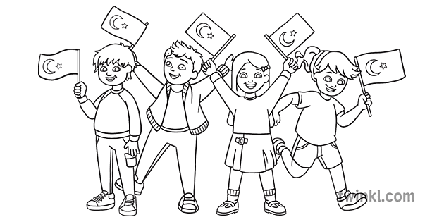 Children with Turkish Flags Black and White RGB Illustration - Twinkl