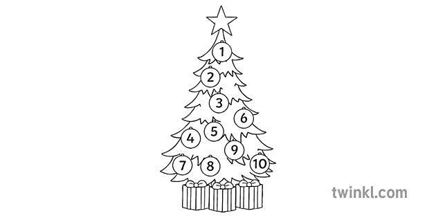 árvore de natal com 10 enfeites numerados em preto e branco Illustration -