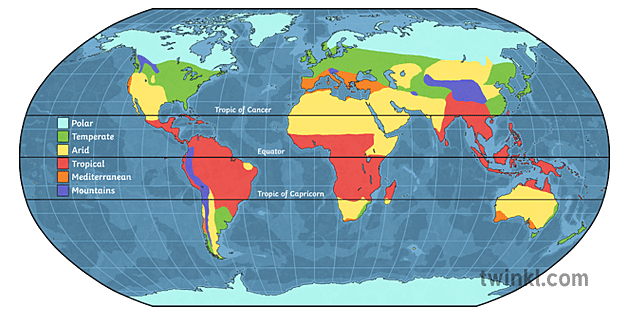 Climate Zones Robinson Projection World Map Geography KS2 Illustration