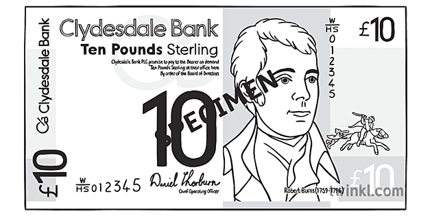 Clydesdale Bank 10 Note Front Schwarz Weiß Twinkl