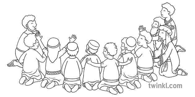 murid duduk dalam grup Yesus rasul agama Kristen Alkitab ks1 hitam putih