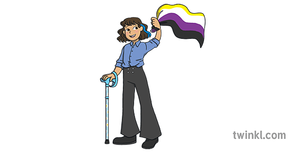 Excited Character Waving Non Binary Pride Flag Ver 2 Illustration Twinkl