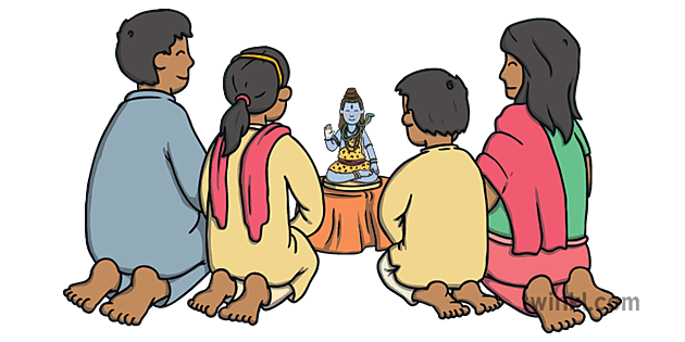 Family on Knees Praying to Shiva Hindu God Maha Shivaratri Religion