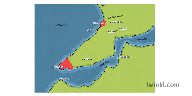 Gallipoli Map with Chunuk Bair ANZAC Day World War II KS2 Illustration