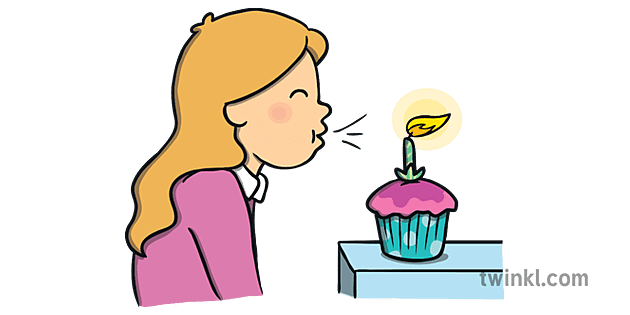 A colour illustration of a girl blowing out candle. 
