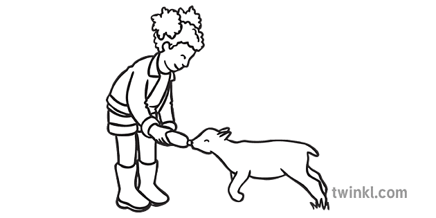 Girl Feeding Lamb Black and White Illustration - Twinkl