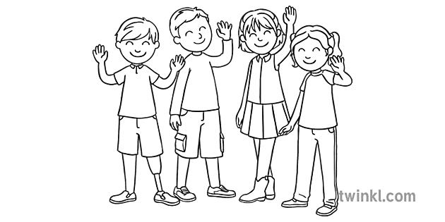 grupo de niños saludando personas ks1 blanco y negro rgb Illustration -  Twinkl
