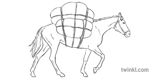 Horse Carrying Load Black and White Illustration - Twinkl
