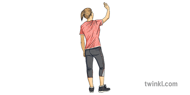 dame in sportkleding zwaaien backshot hallo groet actie gebaar mps ks2