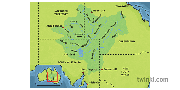 Lake Eyre Basin Map with Text Illustration - Twinkl