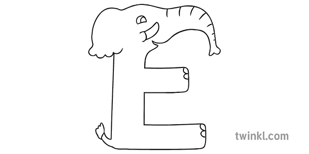 Letter E Elefante Elephant Spanish Alphabet Animals KS1 Black and White RGB