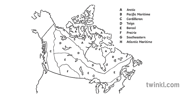 8 Climate Regions Of Canada Map Map Of Canada 8 Climate Regions Canada Maps Geography Topics Ks2 Black And