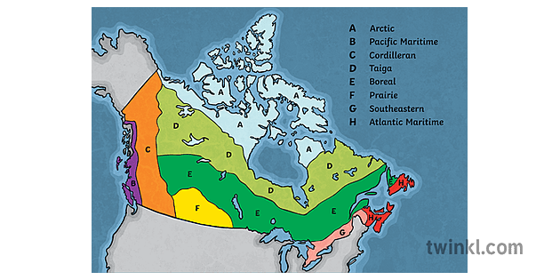 Climate Regions Of Canada Map Map Of Canada 8 Climate Regions Canada Maps Geography Topics Ks2  Illustration