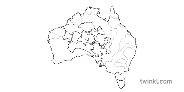 Map of Australia with Mountains Rivers and Deserts Black and White RGB