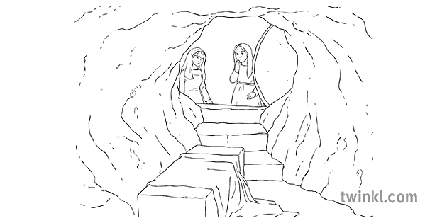 玛丽看着空墓场景圣经耶稣复活复活节ks2 黑白rgb Illustration