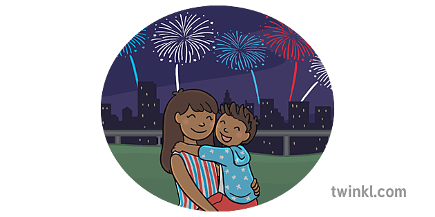 母親和兒子擁抱煙花在美國獨立日7月4日 Illustration Twinkl