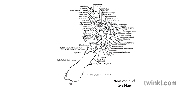 New Zealand Iwi Map New Zealand Map Iwi With Labels Text Ks1 Bw Rgb Illustration - Twinkl