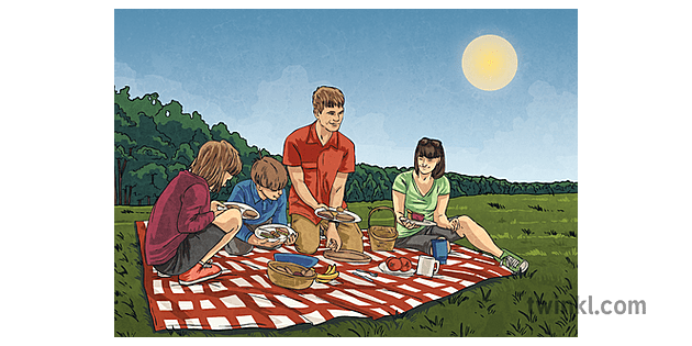 Parents and Children Having a Picnic on Sunny Field Scene Family People Food