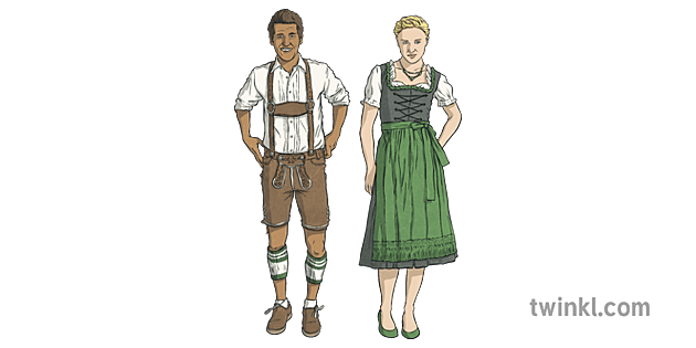 People In National Dress German Lederhosen Dirndl Culture Ks2 Illustration