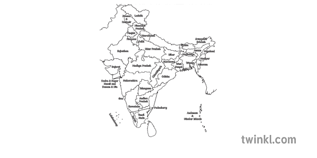 Political Map Of India Black And White Rgb Ver 2 Illustration - Twinkl