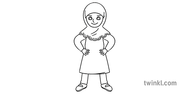 Power Pose Girl Wearing Hijab black and white RGB Illustration - Twinkl