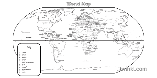 Robinson Projection World Map KS1 Edited Black and White RGB