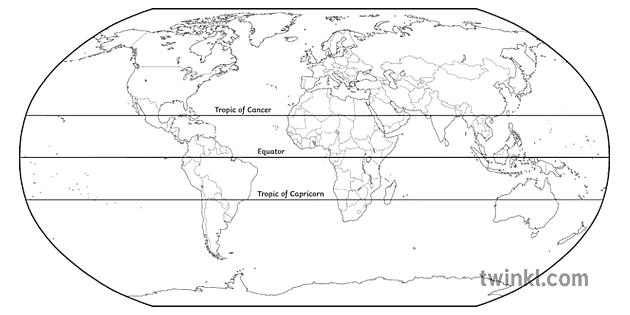 Robinson Projection World Map WithTropics and Equator Geography KS2 Black