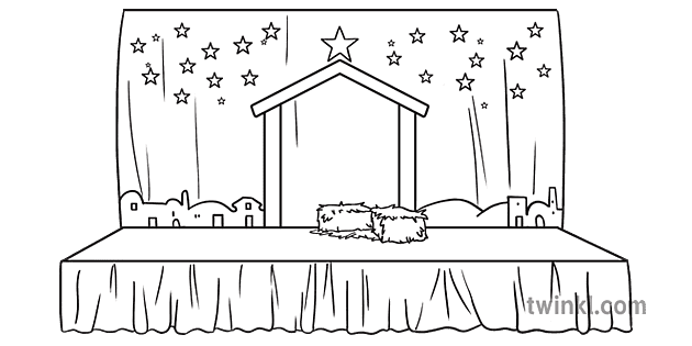 School Stage with Nativity Background Black and White RGB Illustration -