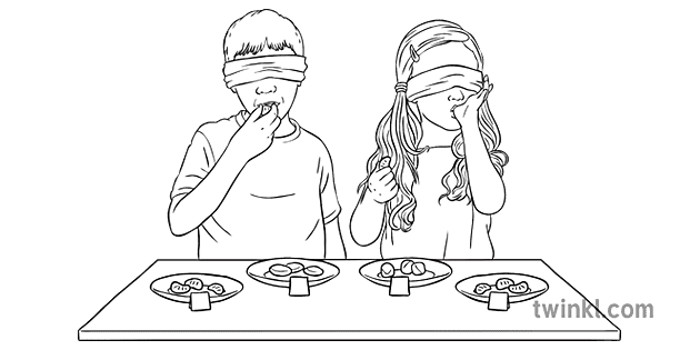 味覚テスト 健康的な食事 週 食品 男の子と女の子 目隠し