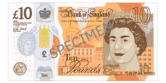 dieci pound note money stirling currency new uk secondary Illustration