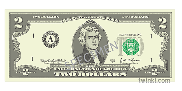 Two Dollar Bill Money Bank Note USA Jefferson Illustration - Twinkl