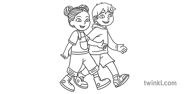 Two Kids Walking Black and White RGB Ver 3 - Twinkl