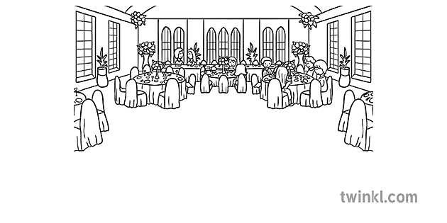 Wedding Reception Room with People Coloured Lines Background Phonics EYFS