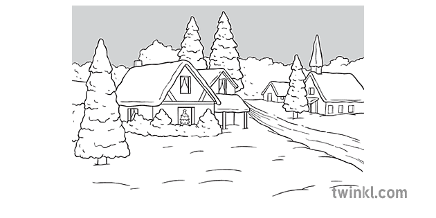 Winter Christmas Scene Black and White Illustration - Twinkl