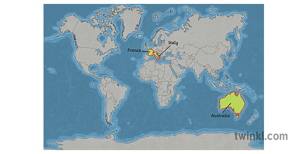 World Map Italy And France World Map With Australia France And Italy Labelled Map Haas Geography Ks2