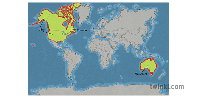 mapa do mundo con usa canadá e australia resaltado ano 5 ...