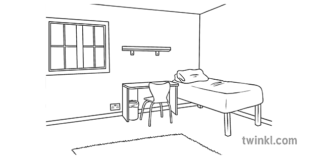 Bedroom Empty Black and White Illustration - Twinkl