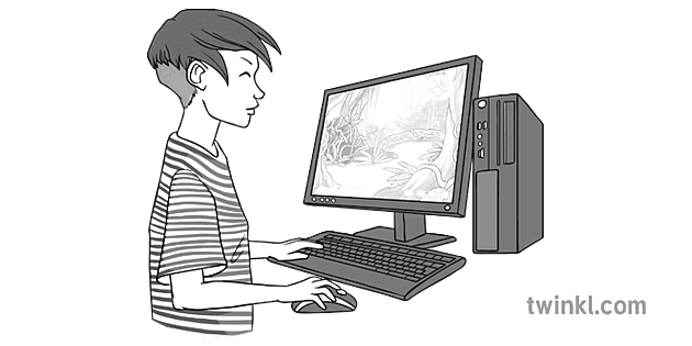Boy Playing Computer Game Black And White 1 Illustration Twinkl