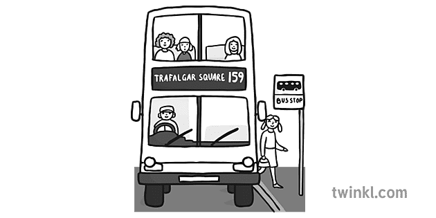 Bus at a Bus Stop Black and White Illustration - Twinkl