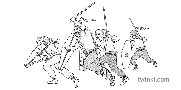 Celtic Warriors Charging into Battle Black and White Illustration - Twinkl