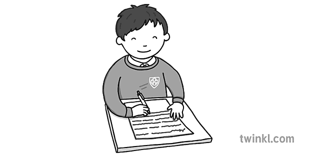 Child in Uniform Writing Black and White Illustration - Twinkl