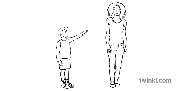 Child Pointing at Woman Black and White Illustration - Twinkl