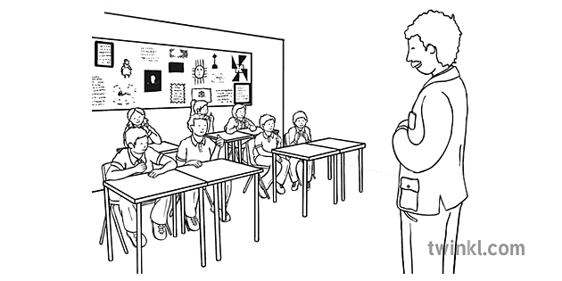Children in Classroom with Thumbs Up Black and White Illustration - Twinkl