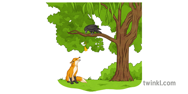 Crow Dropping Cheese Fox Looking Up Illustration - Twinkl