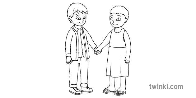 Girl And Boy Holding Hands Black And White Rgb Ver 1 Illustration Twinkl