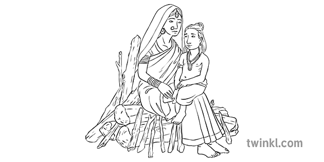 Holika and Prahlad on the Pyre Black and White Illustration - Twinkl