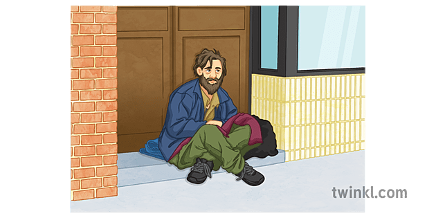 Homeless Man Sitting In Shop Doorway Illustration Twinkl