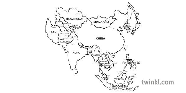 Map Of Asia Black And White Twinkl